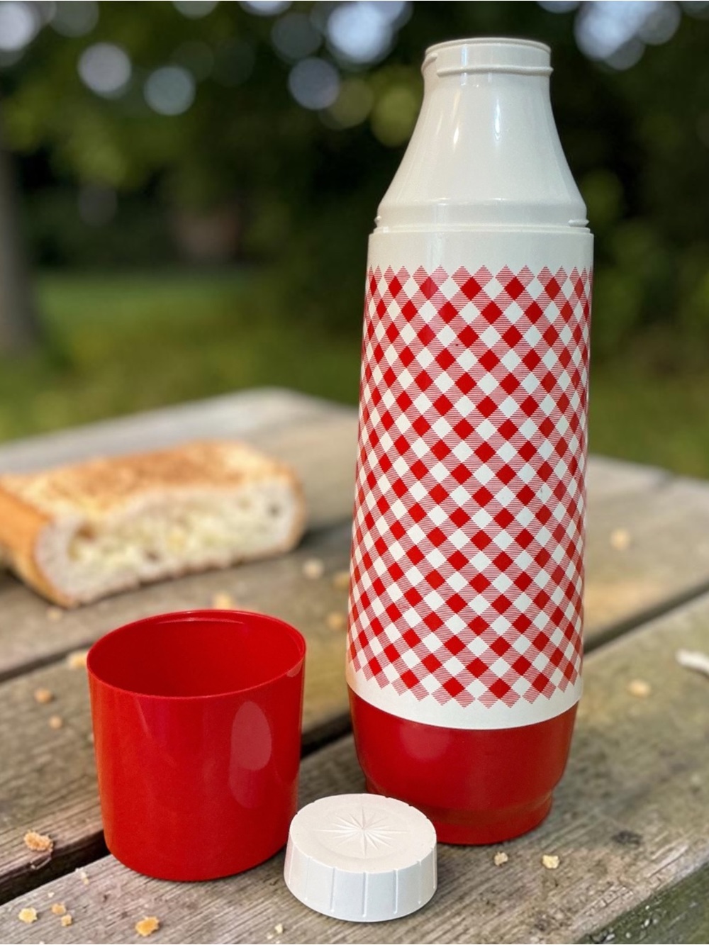 Red Gingham Insulated Thermos Bottle with Red Cup